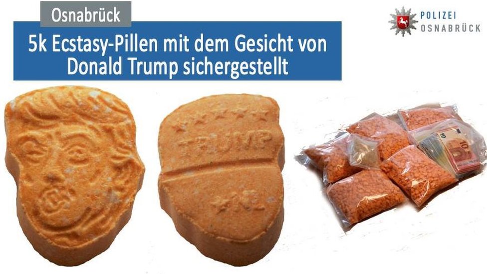 In August 2017, this consignment of thousands of ecstasy pills depicting Donald Trump's face was intercepted by police in the German city of Osnabrück/Osnabrück Police