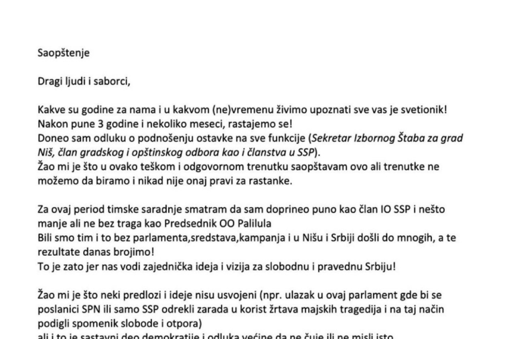 A new blow for Djilas, the SSP Secretary in Niš left the party