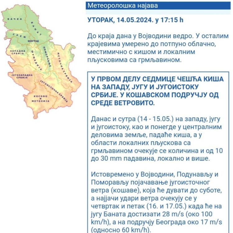 RHMZ upozorava: Stižu pljuskovi sa grmljavinom