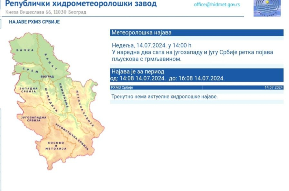RHMZ upozorava: Stižu pljuskovi sa grmljavinom