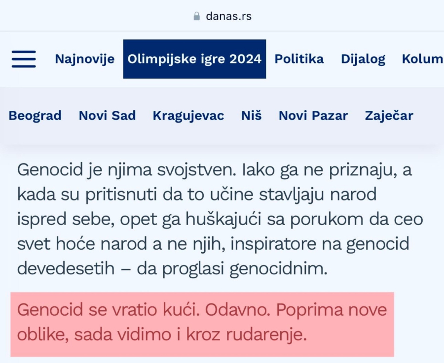 Sumanut tekst u opozicionom Danasu: Rudarenje litijuma je genocid, kao u Srebrenici