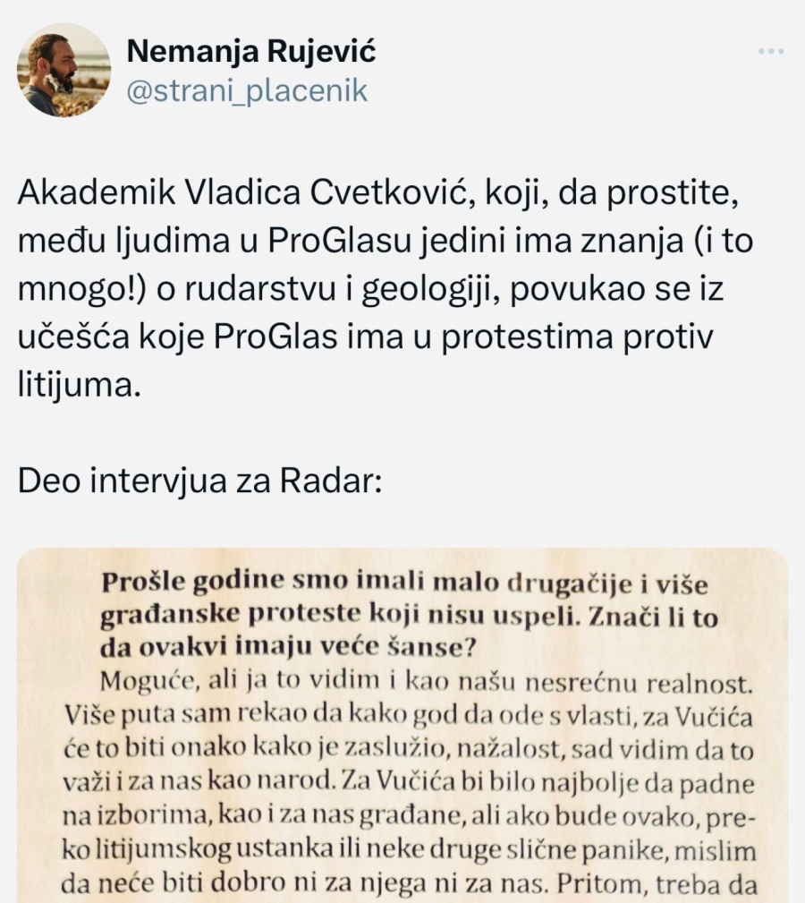 Stručnjak za rudarstvo se povukao sa protesta: Ako Vučić padne zbog litijuma neće biti dobro za nas FOTO/VIDEO