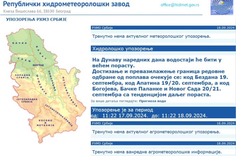RHMZ issued warning for Serbia