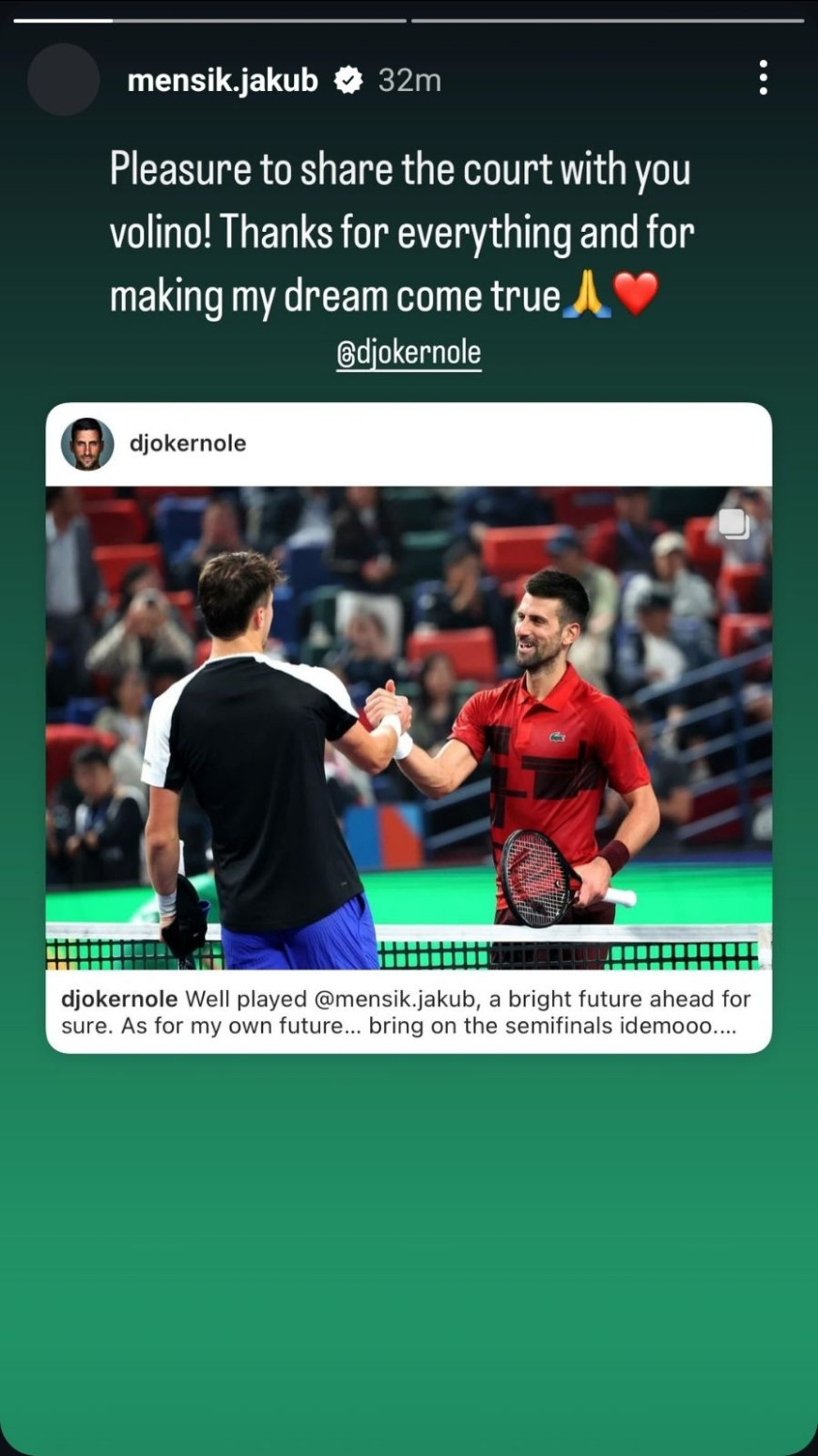 Menšik posle meča sa Đokovićem: Zadovoljstvo je deliti teren sa tobom, volino FOTO