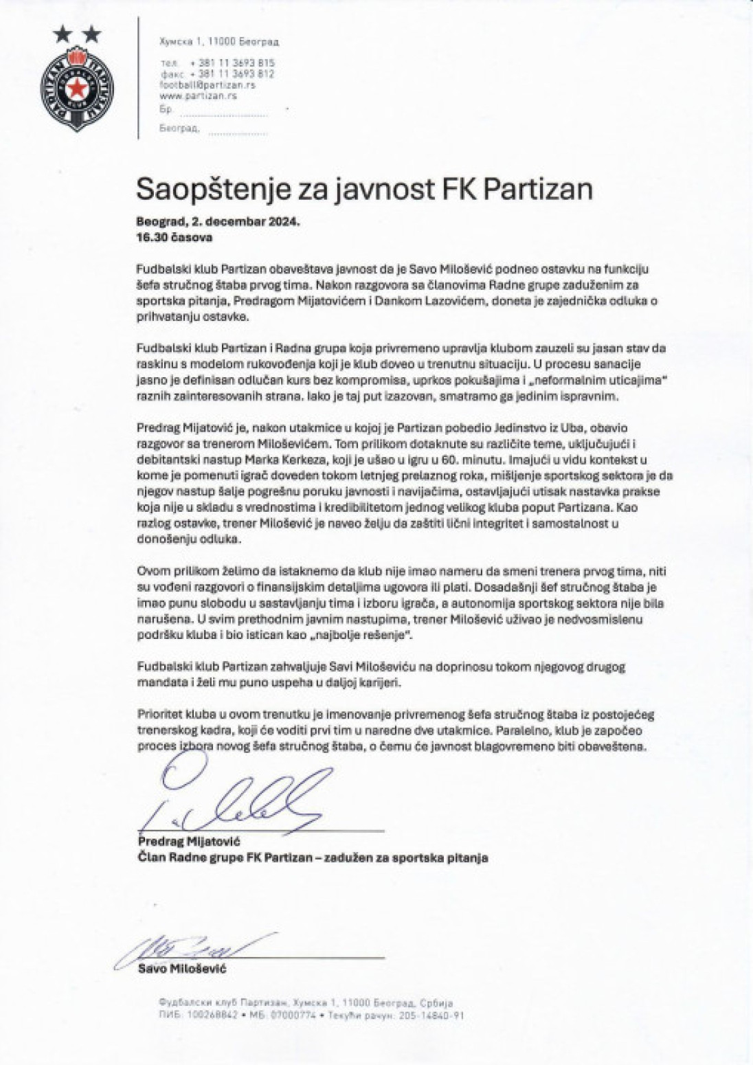 Partizan se oglasio – evo gde je puklo između Mijatovića i Miloševića