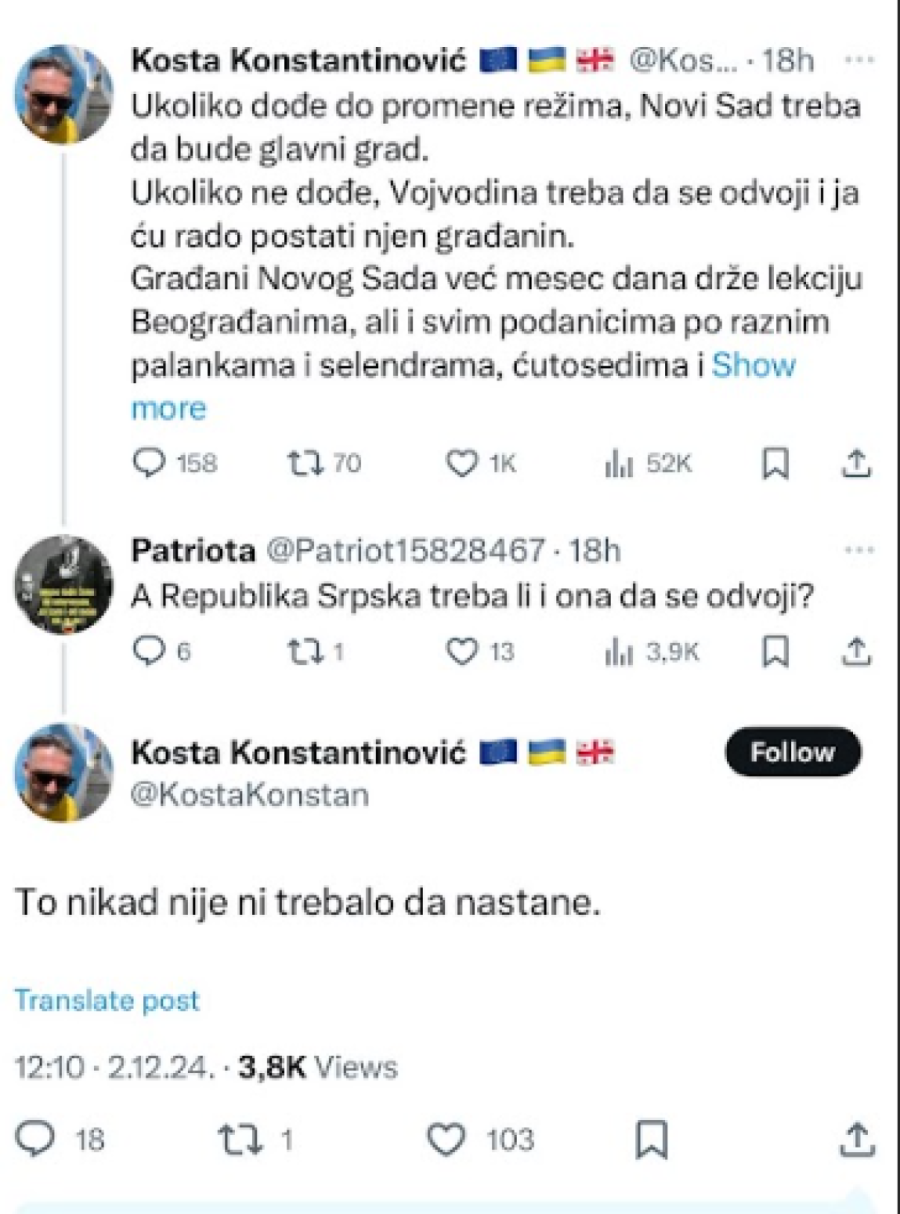 Đilasov opozicionar poručio: Vojvodina da se otcepi, Republika Srpska nikada nije ni trebalo da postoji