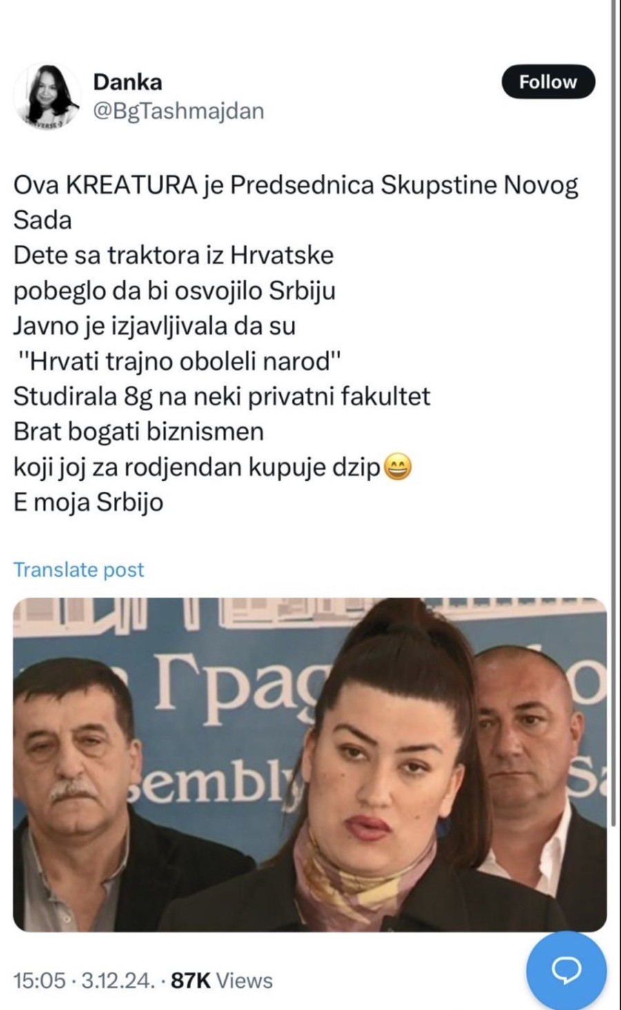 Skandal: Marinikina i Ješićeva simpatizerka izvređala predsednicu Skupštine grada Novog Sada