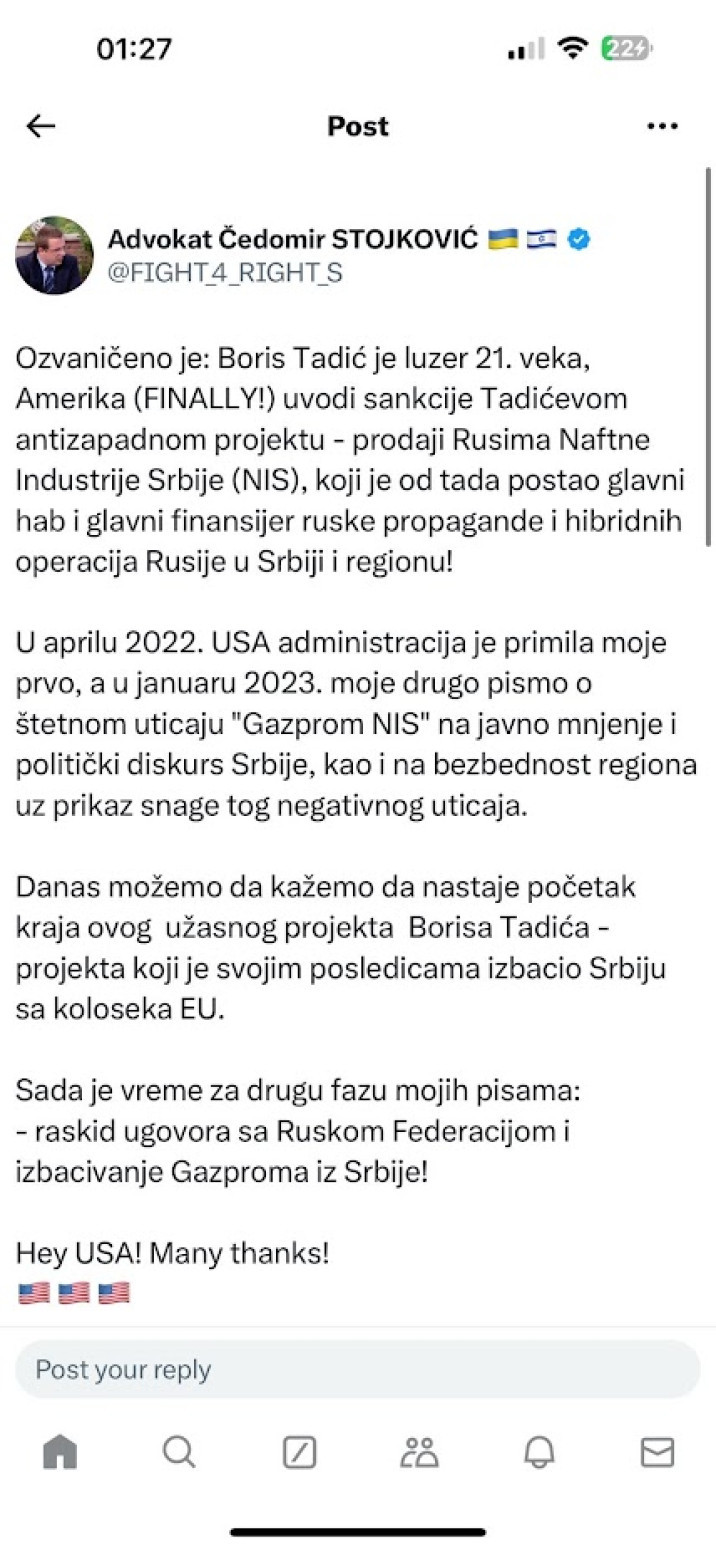 Ideolog Đilasove opozicije: Ja sam lično 2022. godine pisao Vladi Amerike i tražio da se uvedu sankcije NIS-u