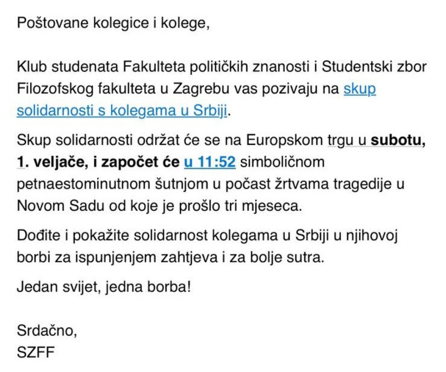 Još jedna potvrda da studentske blokade imaju podršku iz Hrvatske FOTO