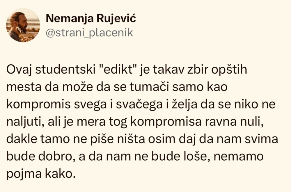 Opozicioni novinar napao plenumaše: U studentskom ediktu iz Niša ne piše ništa