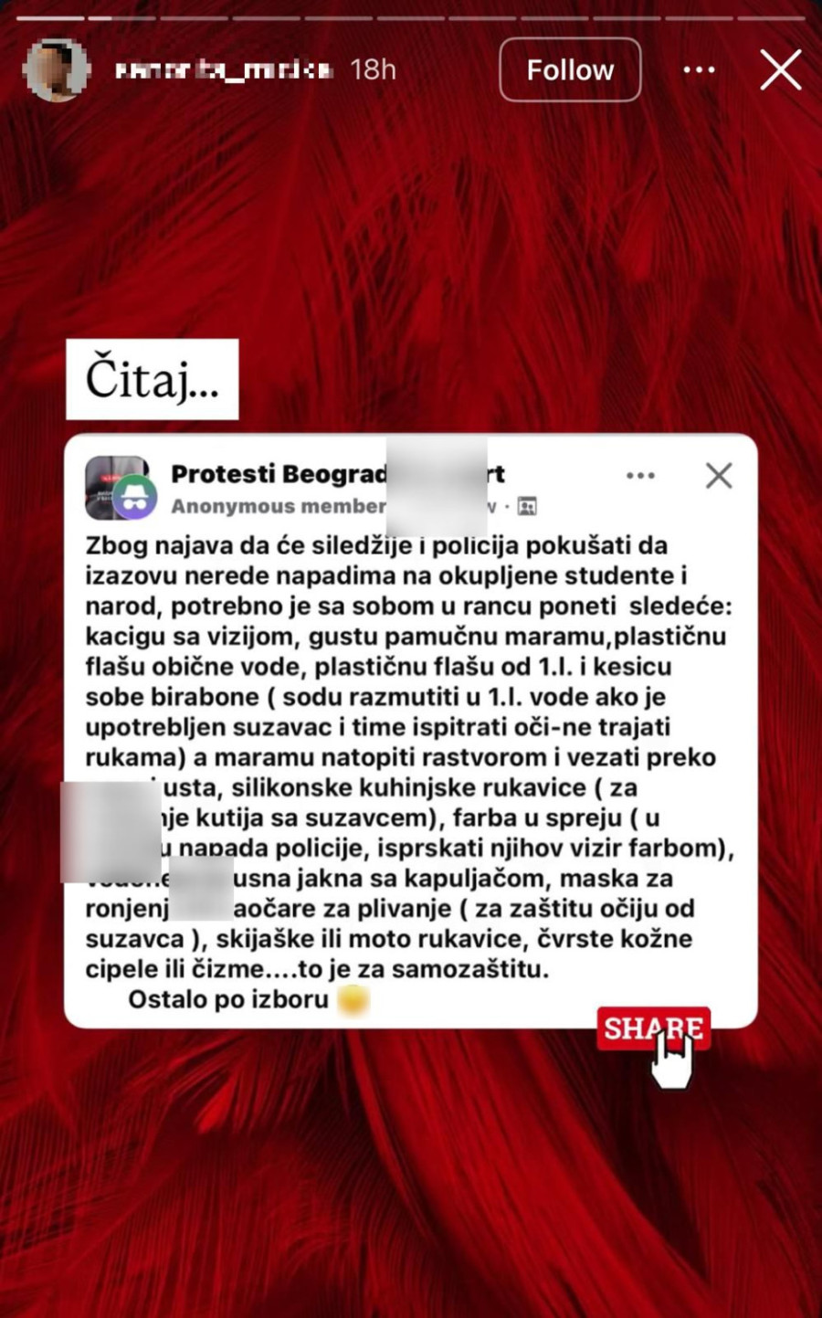 Evo kako se blokaderi spremaju za haos: Kaciga sa vizirom, gusta pamučna marama, soda bikarbona FOTO