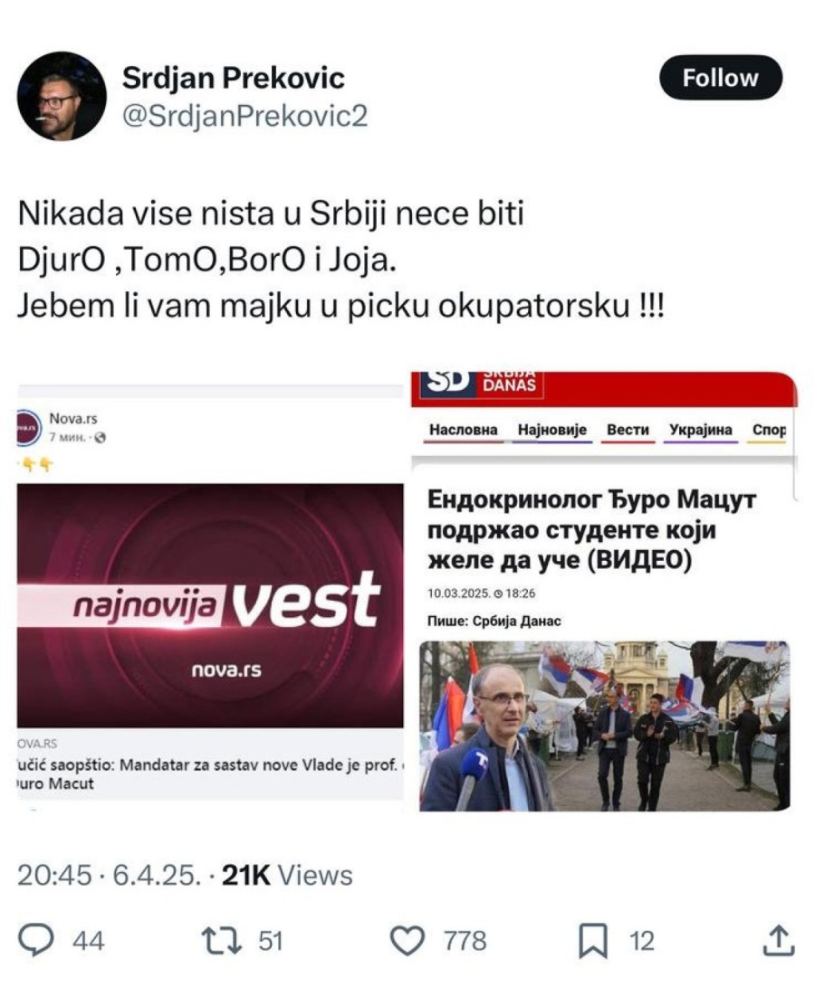 Fašizam Đilasovih i Marinikinih pristalica ne prestaje; Smeta im što je Đuro Macut Srbin sa Korduna FOTO