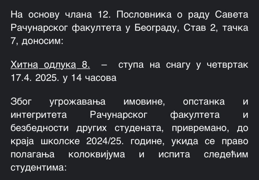 Računarski fakultet ukinuo pravo blokaderima da polažu ispite; Ugrožavaju bezbednost studenata FOTO