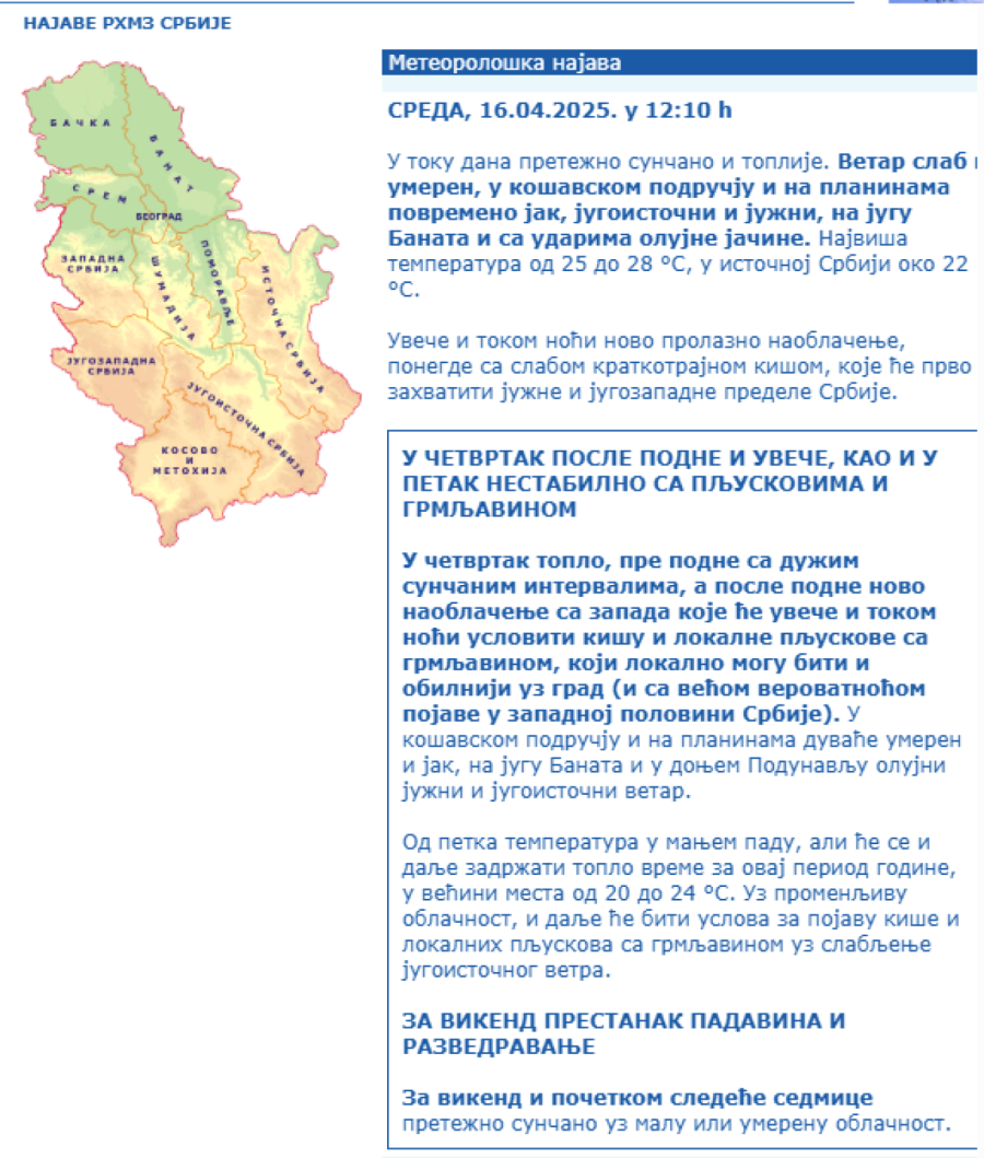 RHMZ prvi put ove godine izdao ovo upozorenje; Popaljeni alarmi širom zemlje, jedan deo na udaru MAPA