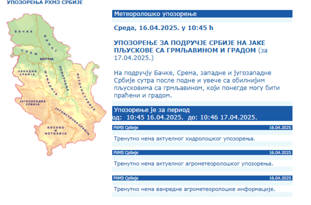 RHMZ prvi put ove godine izdao ovo upozorenje; Popaljeni alarmi širom zemlje, jedan deo na udaru MAPA