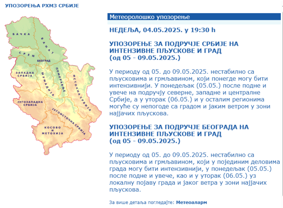 Pljuskovi će se sručiti na Srbiju; RHMZ izdao najnovije upozorenje: Pašće ogromna količina kiše