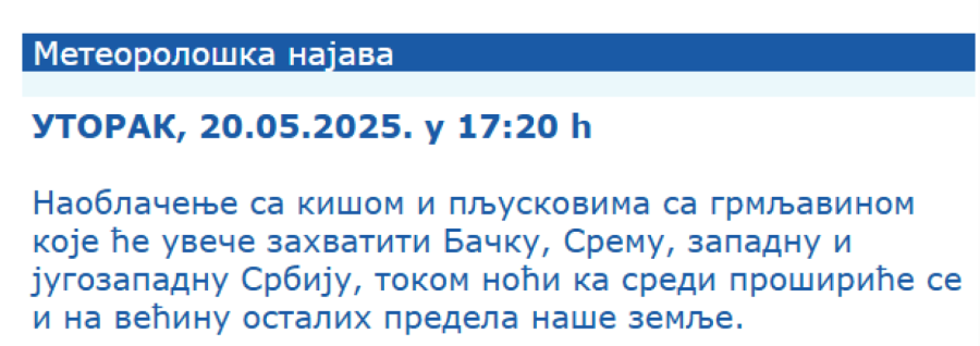 RHMZ se hitno oglasio: Evo kad će se pljuskovi sručiti na Srbiju