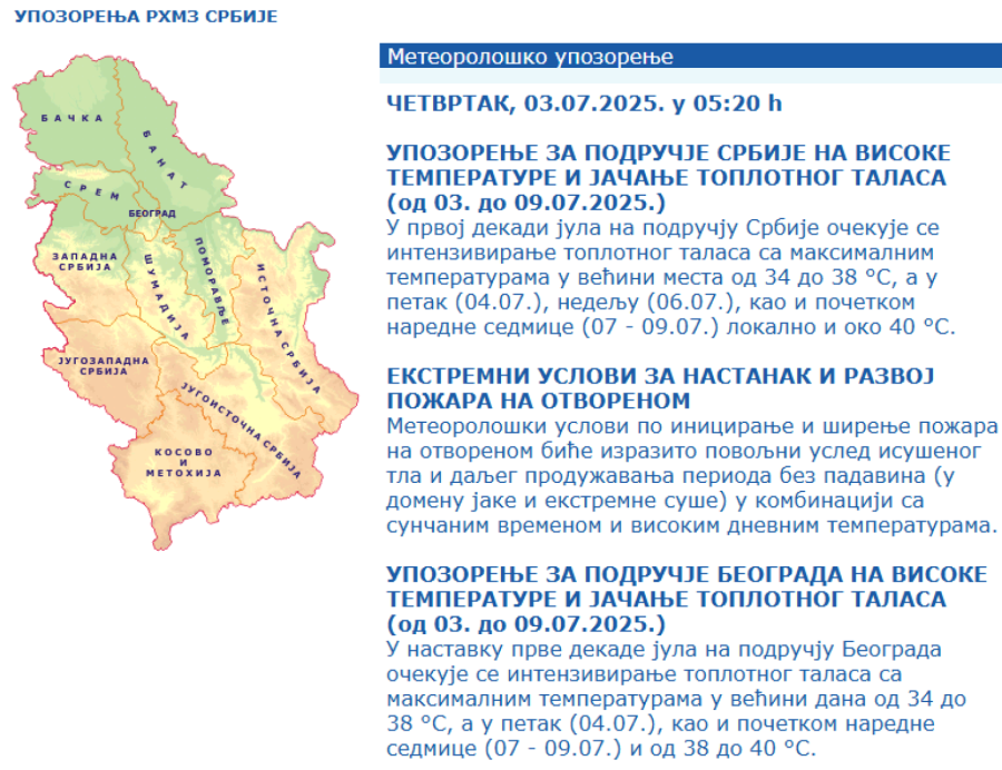 Urgent warning of RHMZ: Get ready, temperature up to 40 degrees