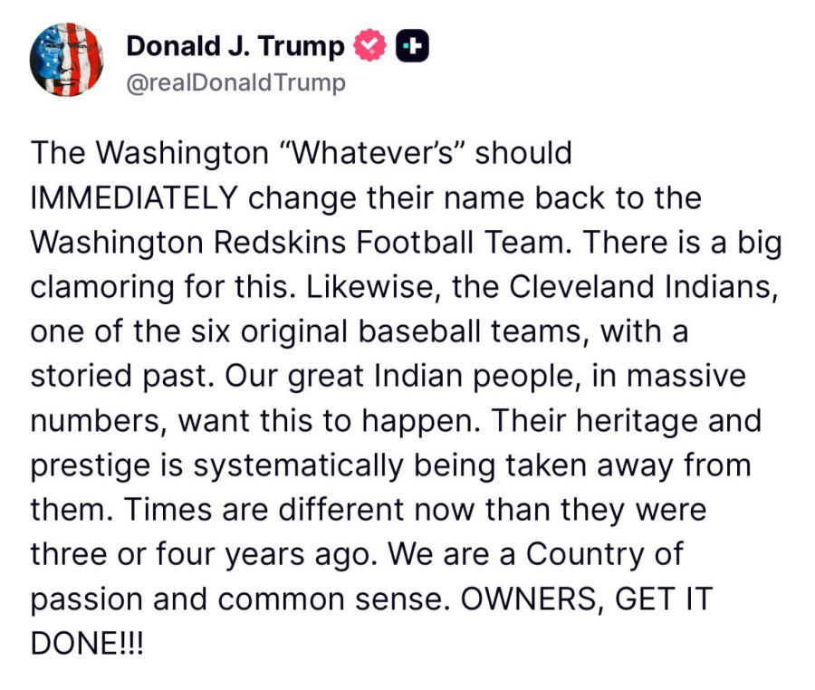 Tramp naredio vlasnicima klubova da vrate stara indijanska imena