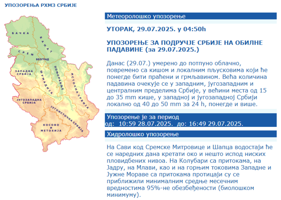 Građani Srbije upozoreni: Očekuju se obilne padavine