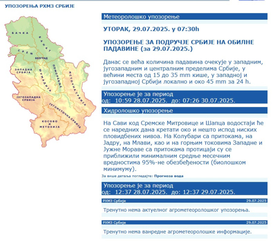 Najnovije upozorenje RHMZ za Srbiju: Sručiće se... FOTO