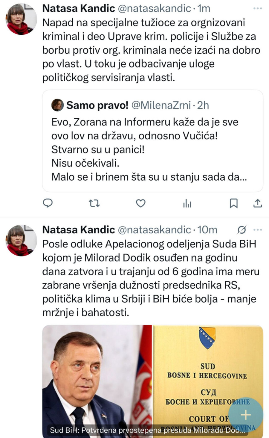 Nataša Kandić podržala tužilački državni udar i presudu Dodiku FOTO