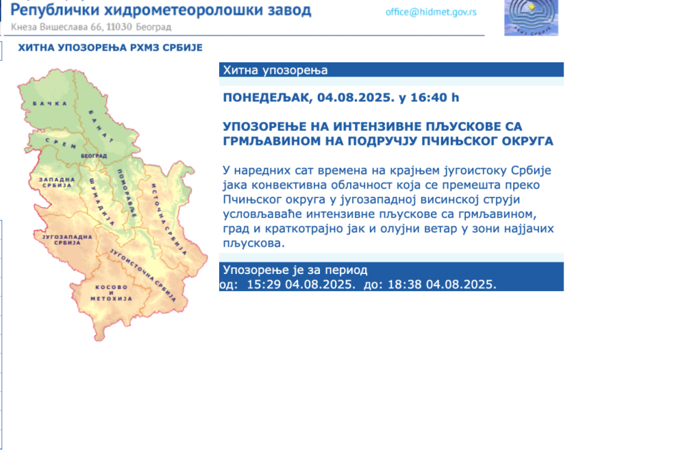 RHMZ izdao hitno upozorenje: U narednih sat vremena...