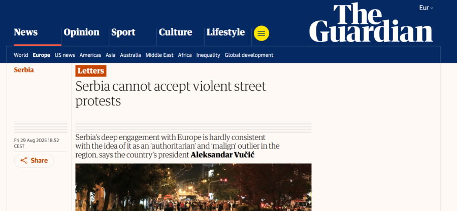 Aleksandar Vučić za The Guardian: Srbija ne prihvata nasilne proteste FOTO