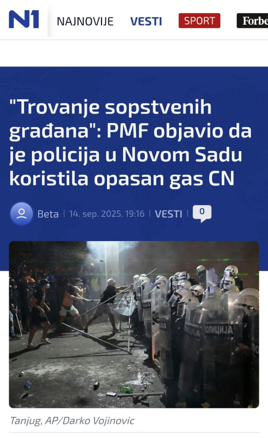 MUP demantuje laži N1: Policija ne poseduje CN gas; Reč je o širenju panike i narušavanju ugleda policije