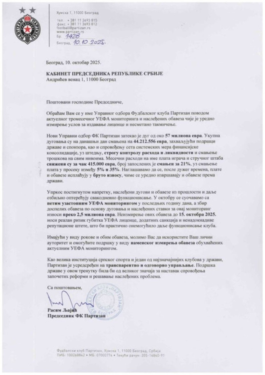 Partizan zamolio Vučića za pomoć – problem je 2,5 miliona evra