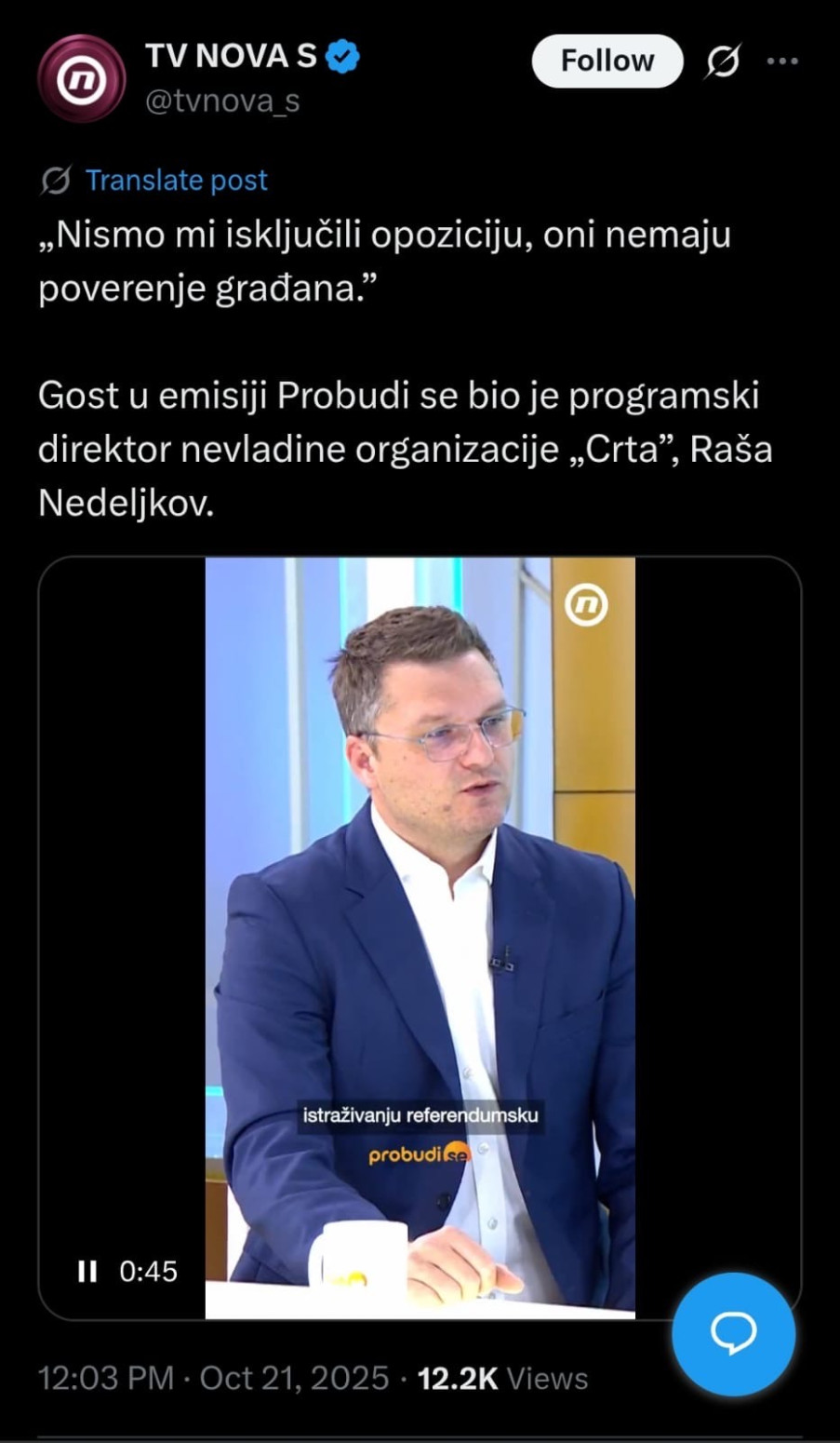 CRTA ubila opoziciju: Nismo ih mi isključili iz istraživanja, oni nemaju nikakvo poverenje građana