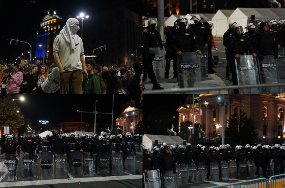 Neredi ispred Skupštine; Policija sprečila upad; Jaki topovski udari; Blokaderi zapalili šator FOTO/VIDEO