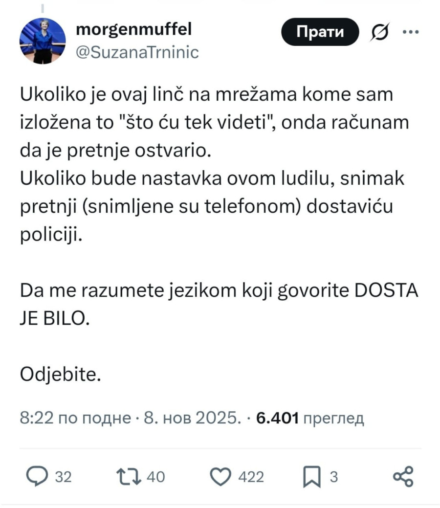 Kavčić pretio batinama Suzani Trninić; ANS: Nedopustivo, institucije hitno da reaguju