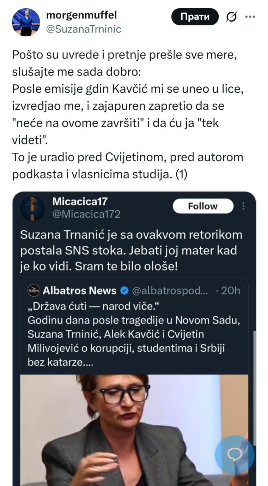 Kavčić pretio batinama Suzani Trninić; ANS: Nedopustivo, institucije hitno da reaguju