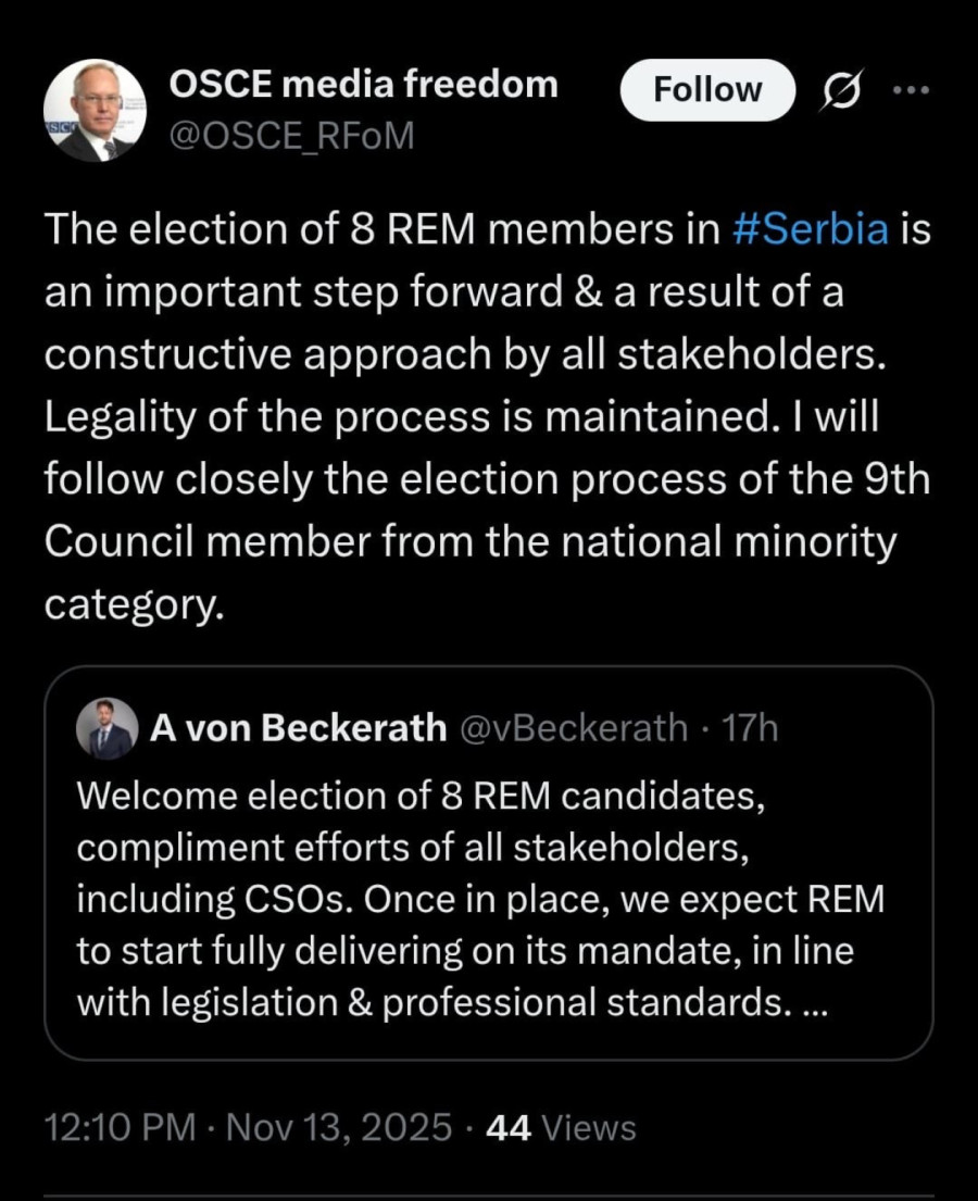 OEBS pozdravio izbor članova saveta REM-a i potvrdio da je sve u skladu sa zakonom