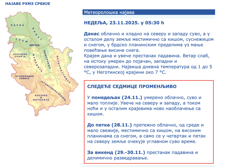 RHMZ upozorava: Stiže novi talas kiše i snega; Za vikend sledi obrt