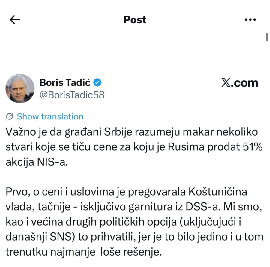 Tadić, čiji je Borko Stefanović vodio pregovore: Nisam ja kriv, NIS je prodao Koštunica