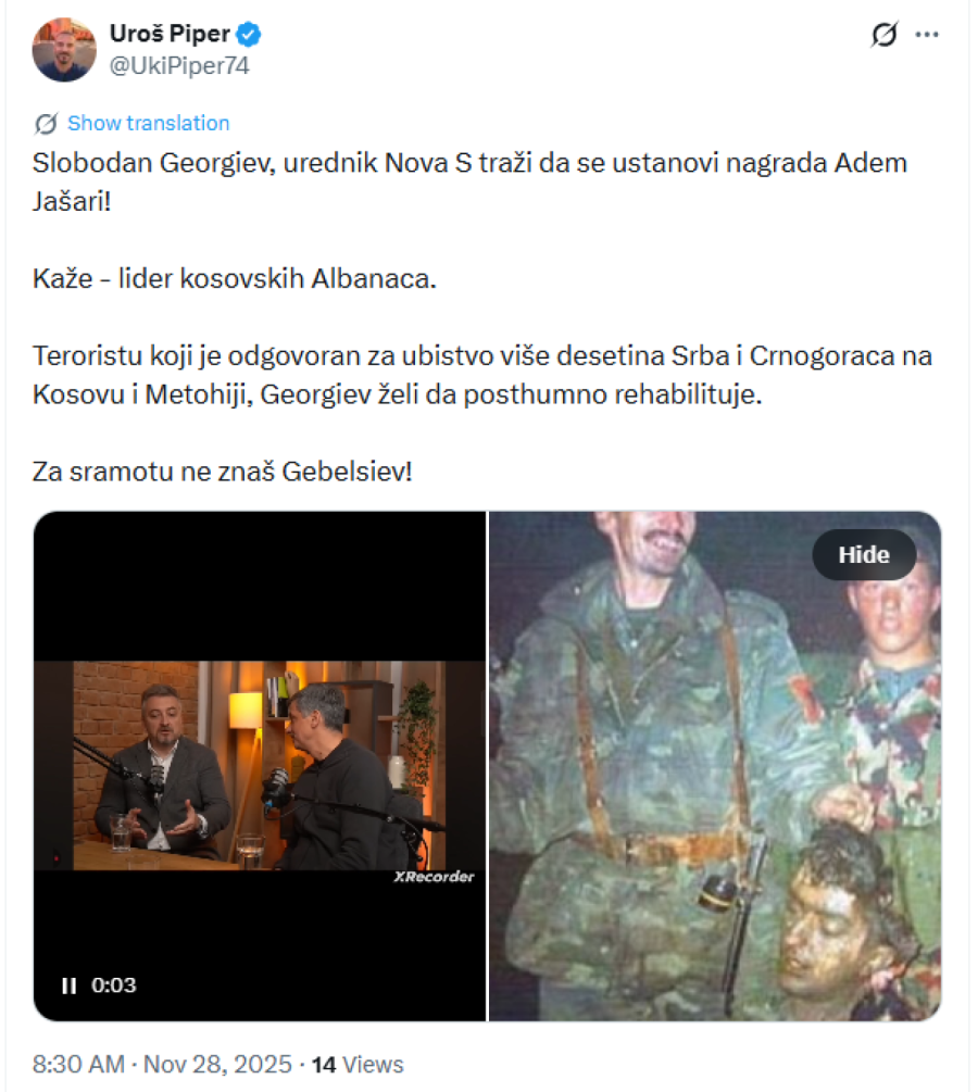 Piper: Slobodan Georgiev traži da se ustanovi nagrada Adem Jašari; To što je ubijao Srbe nema veze?