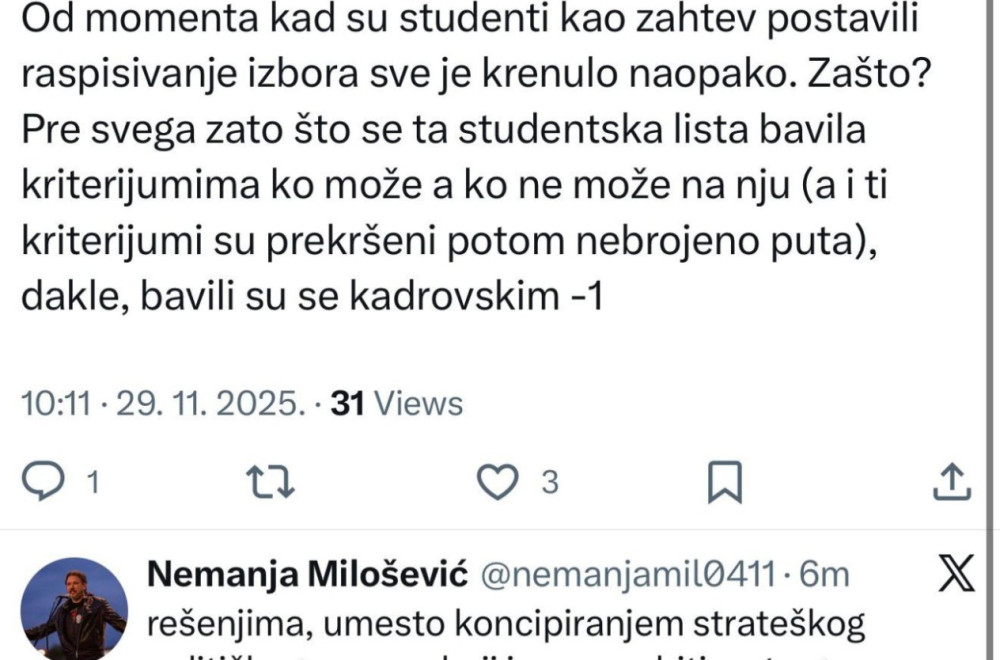 Milošević: Sve krenulo naopako od momenta kada su studenti kao zahtev postavili raspisivanje izbora FOTO
