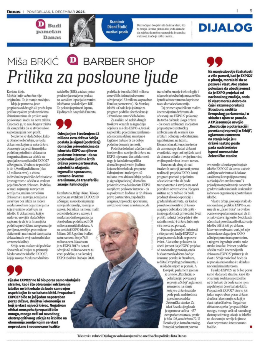 Opozicioni kolumnista priznao: EXPO je ogromna šansa za celu srpsku privredu