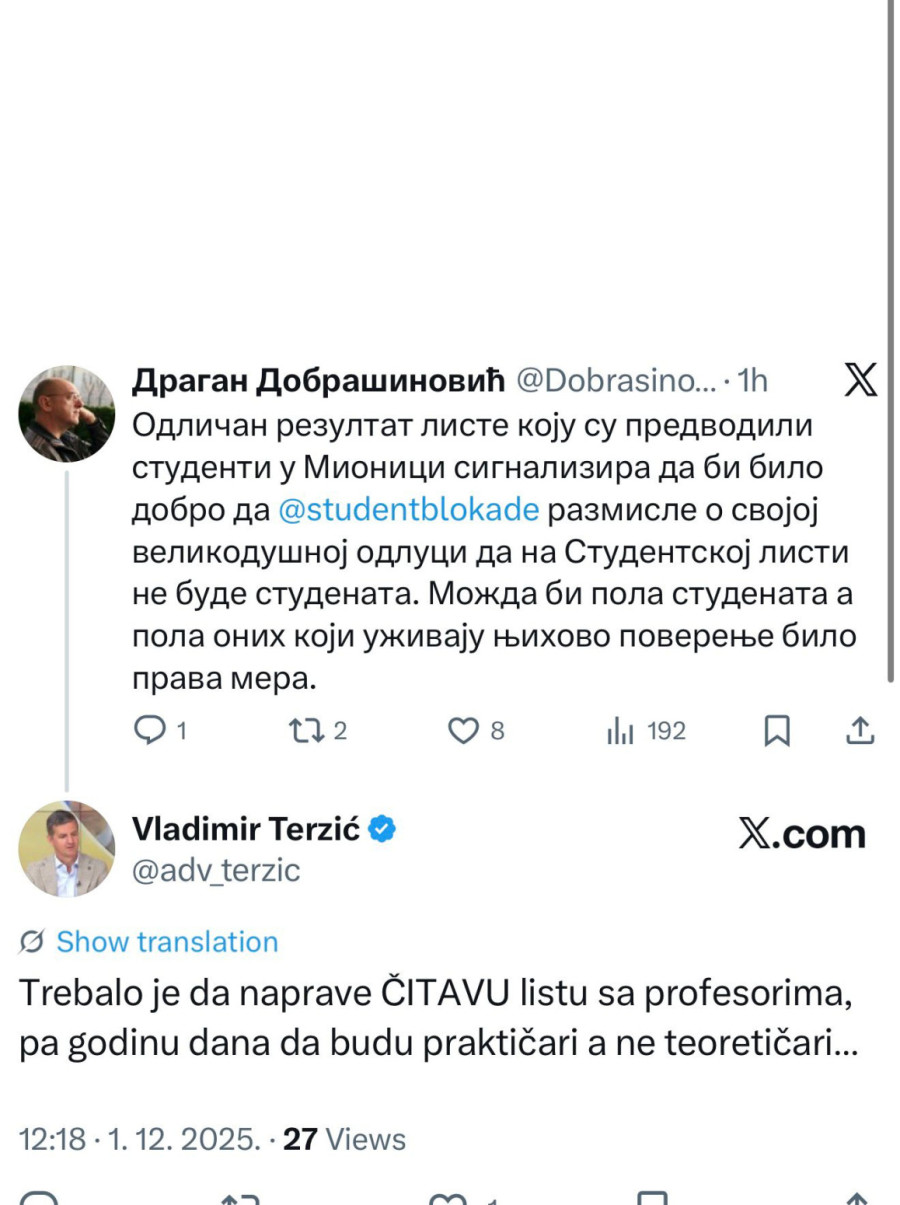 Glasaće se samo za studentsku listu, a bilo ko iz opozicije ko izađe samostalno, proći će kao SPO 2000...