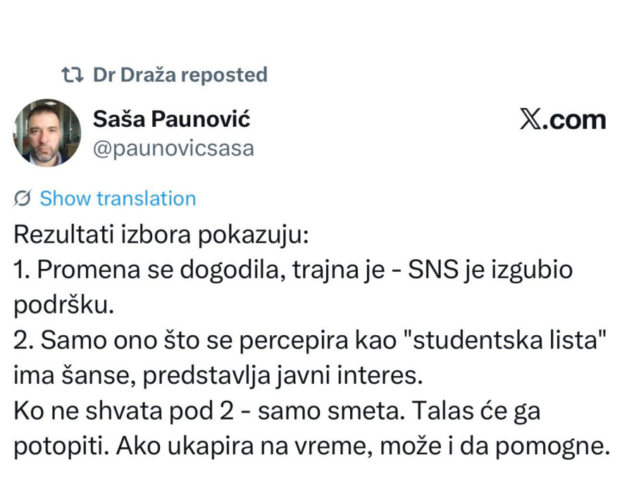 Glasaće se samo za studentsku listu, a bilo ko iz opozicije ko izađe samostalno, proći će kao SPO 2000...