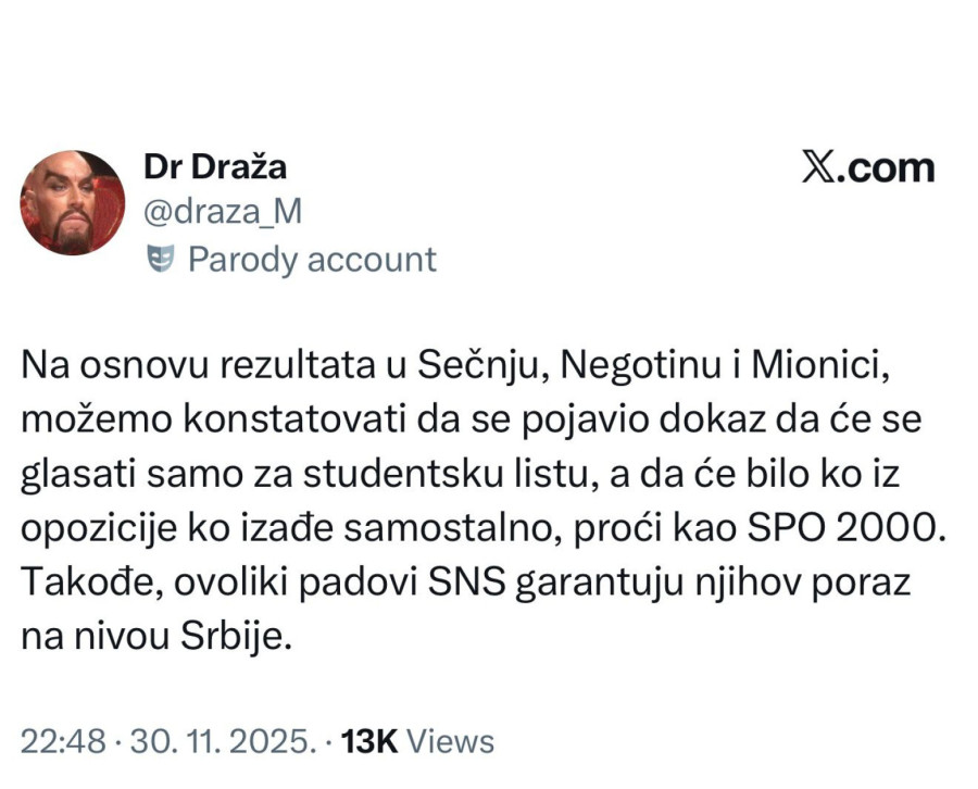 Glasaće se samo za studentsku listu, a bilo ko iz opozicije ko izađe samostalno, proći će kao SPO 2000...
