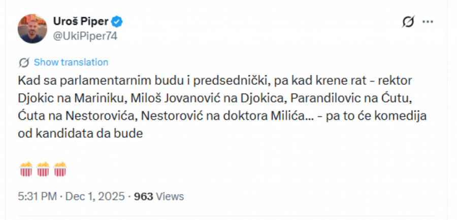 Piper: Kad krene rat – rektor na Mariniku, Parandilović na Ćutu...