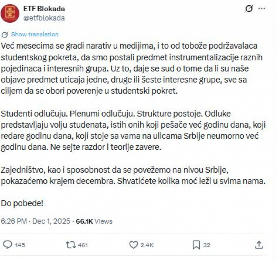 ETF u blokadi: Zajedništvo...; Stigao odgovor blokaderima: Kako? Gde vam je neki vaš plan, program FOTO