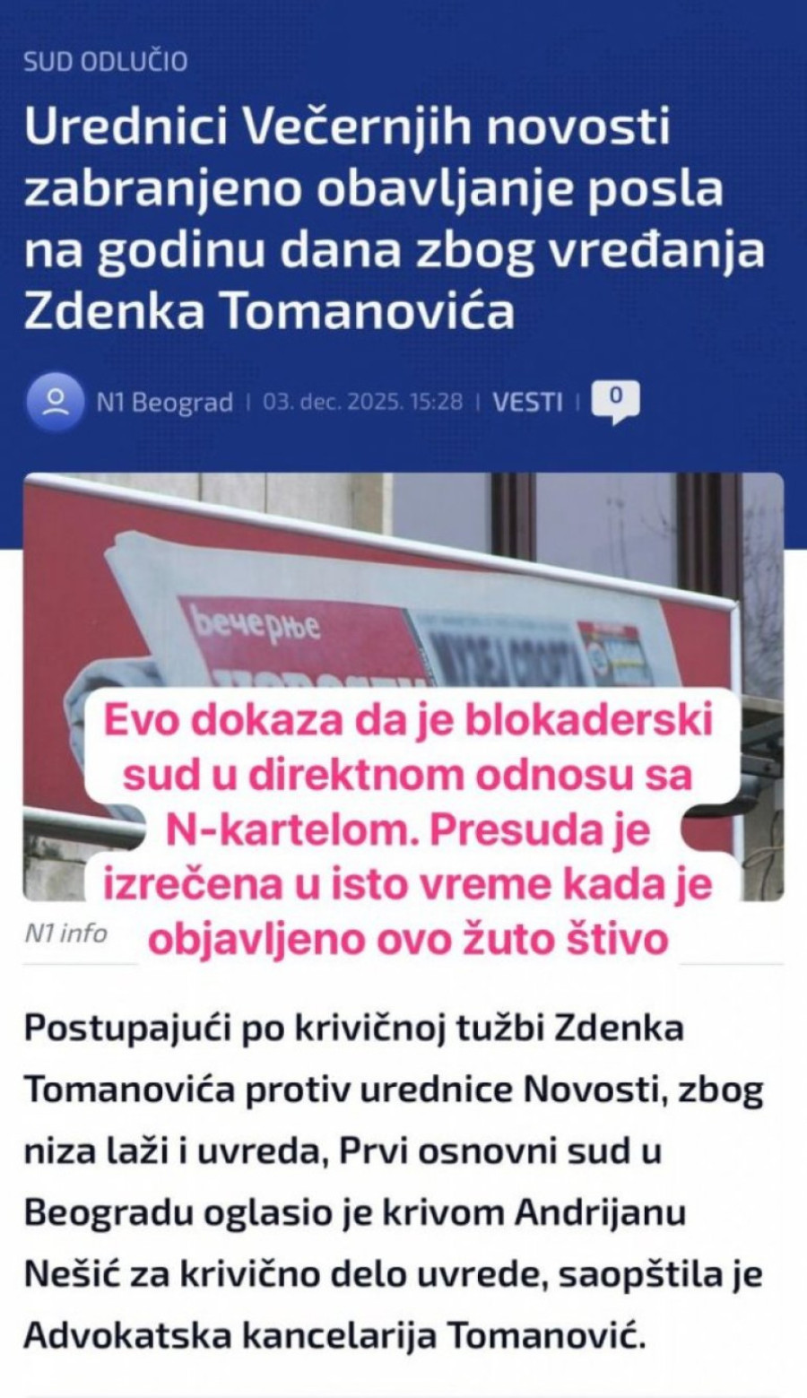 Advokat Isailović: Ovo je dokaz da je blokaderski sud u direktnom odnosu sa N-kartelom FOTO