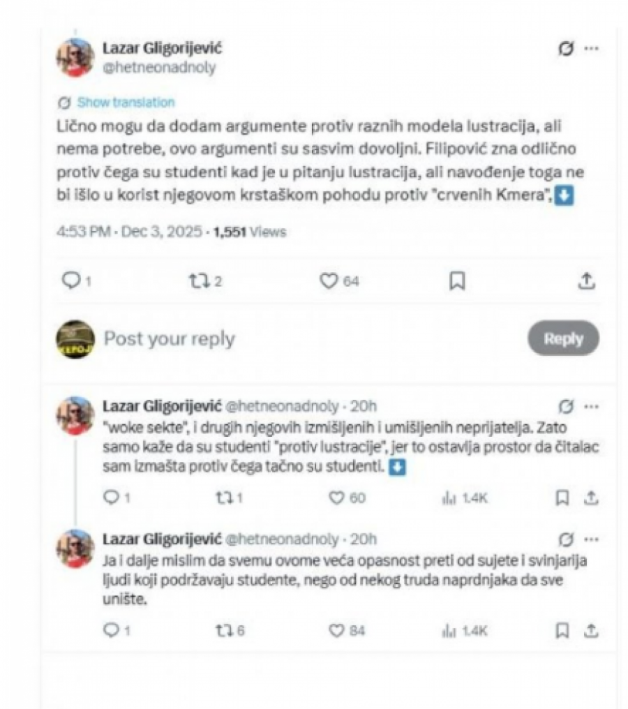 Gligorijević poručio Filipoviću: Veća je opasnost od sujete i svinjarija onih koji podržavaju studente FOTO