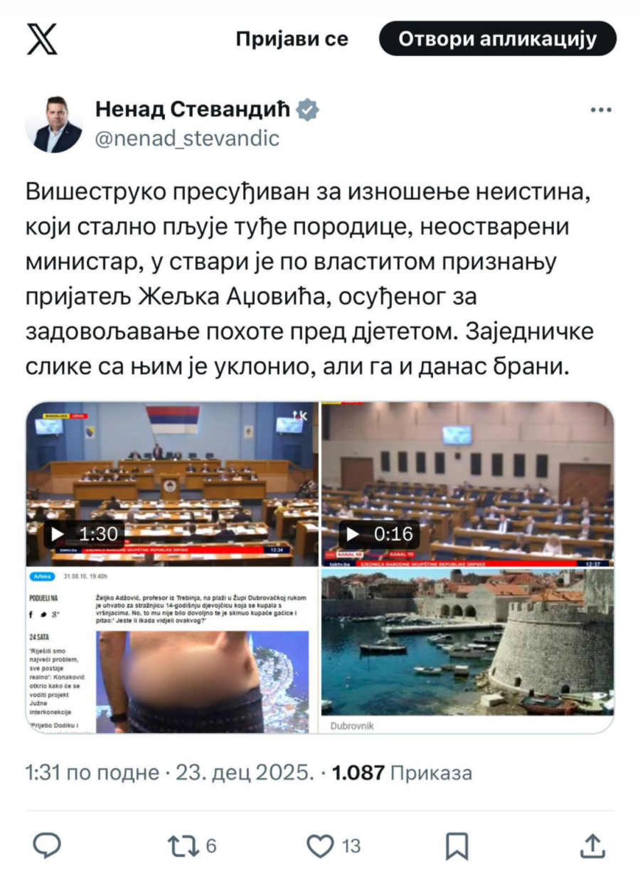 Stevandić: Vukanović branio pedofila, a onda uklonio slike