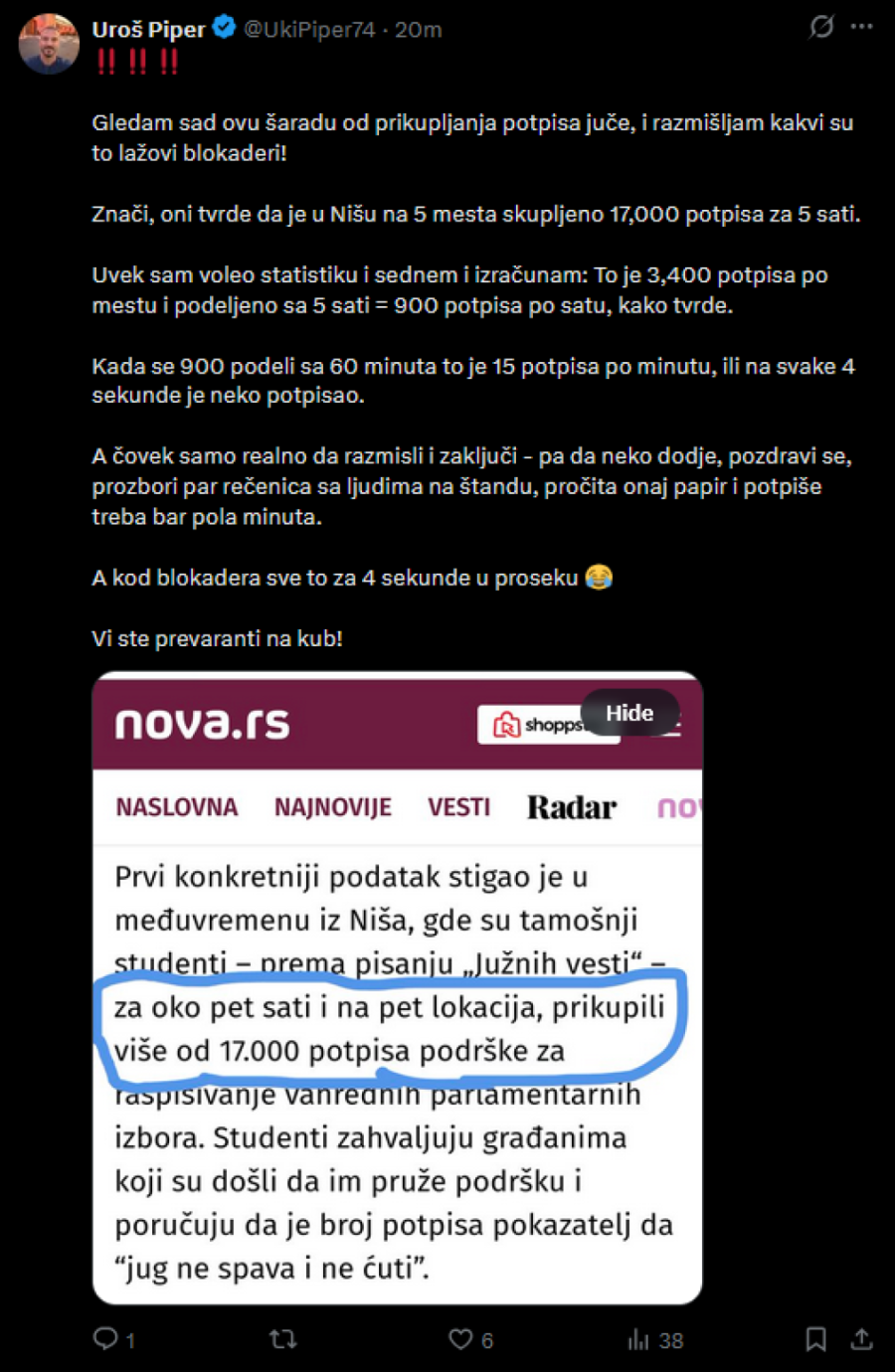 Piper: Gledam šaradu od prikupljanja potpisa i razmišljam kakvi su lažovi blokaderi, prevaranti na kub FOTO