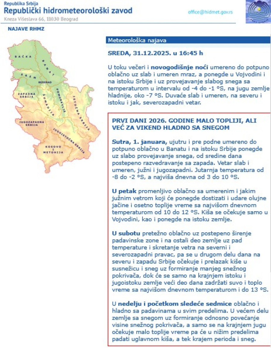 Ledena noć u Srbiji, evo gde će padati sneg MAPA